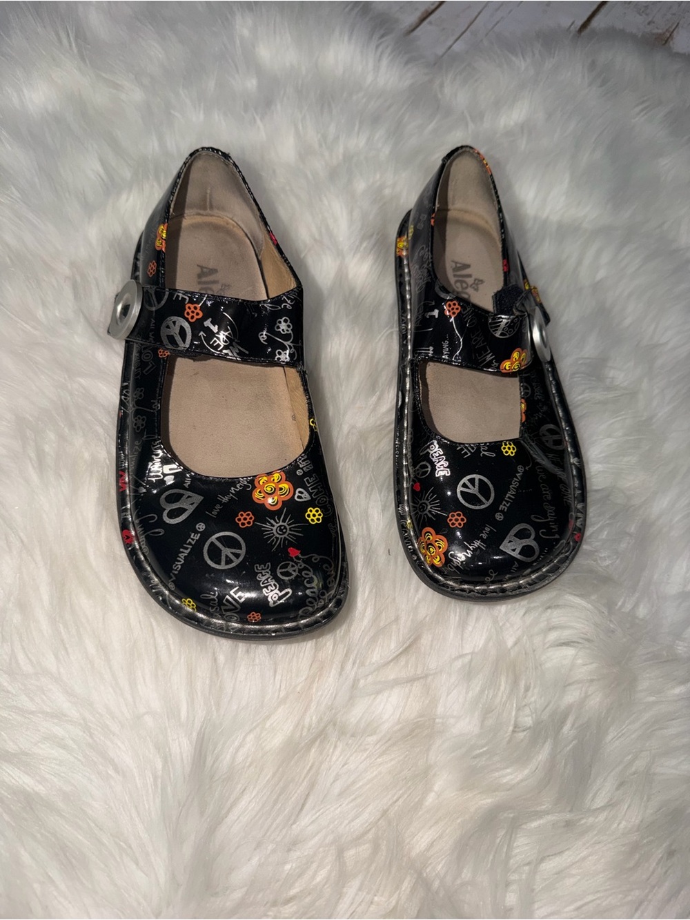 Alegria Black Mary Jane Flats with Multicolor Peace & Floral Accents